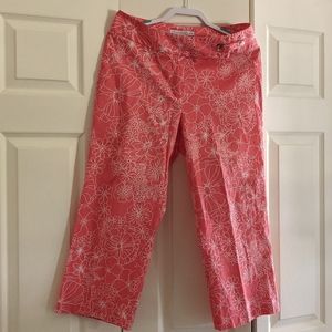 Versailles Coral Ankle Pants with Retro White Flowers